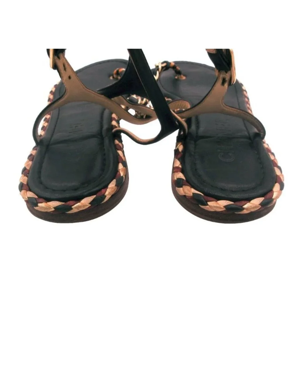 Chanel Sandals Gold Chain T Strap CC Logo Charm Leather Mesh Braided Shoes